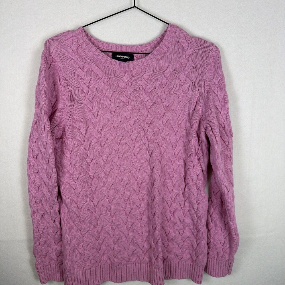 Lands' End Drifter Sweater Womens M Pink Cable Knit Cotton Heavy Crewneck